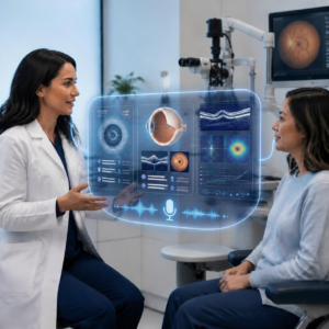 An ophthalmologist in an exam room, with a translucent documentation interface floating between them, transforming the real-time patient encounter into clinical documentation.