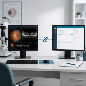 Two computer monitors side by side, each showing a different part of the workflow. The screens are separated by a broken connection line.