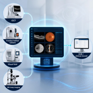 A modern ophthalmology imaging workflow showing a diagnostic device capturing an image, with the image/data flowing through an image management system and into the EHR.