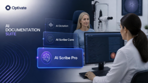 Promotional graphic for Optivate’s AI Documentation Suite showing an ophthalmology patient-provider encounter with digital documentation interfaces. Text reads: “AI Documentation Suite,” “AI Dictation,” “AI Scribe Core,” and “AI Scribe Pro.”