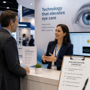 A professional at a trade-show booth, speaking with a vendor representative, with a subtle clipboard graphic in the foreground.