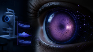 A close-up retinal image with subtle AI/data visualization elements integrated around the eye.
